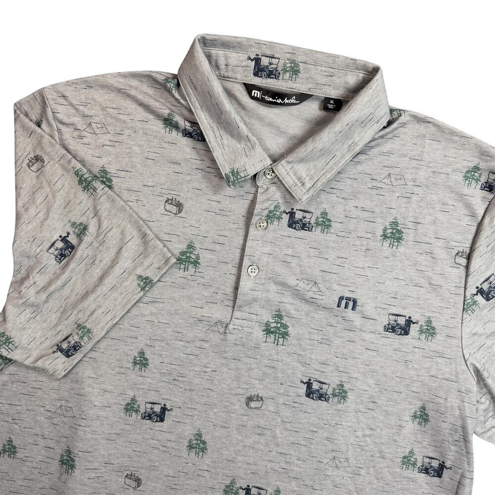 TravisMathew Men’s XL Gray Golf Cart Trees Camping Print Polo Shirt